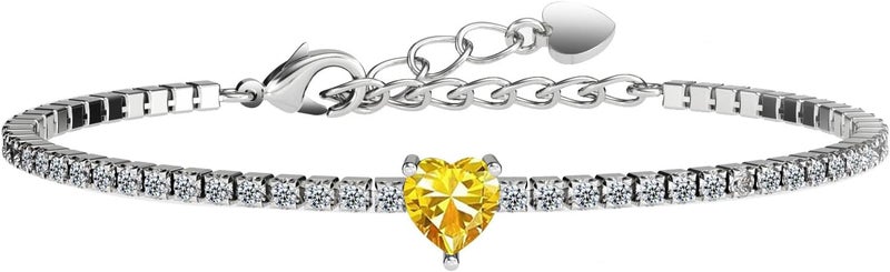 AllenCOCO Sterling Silver Heart Birthstone Bracelet, 14K White Gold Plated, AAAAA+ CZ Cubic Zirconia, Tennis Chain with Heart Charm, Hypoallergenic, Non-Tarnish Jewelry Gift for Women - Image 1